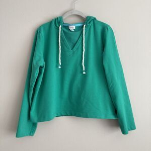 J. Crew Womens Green Cropped Hoodie Size Large V Neck Pullover Preppy Casual